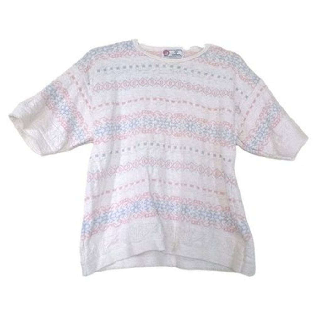 Vtg Fair Isle Short Sleeve Sweater Womens XL Coastal Grandma Cottage Pink Pastel